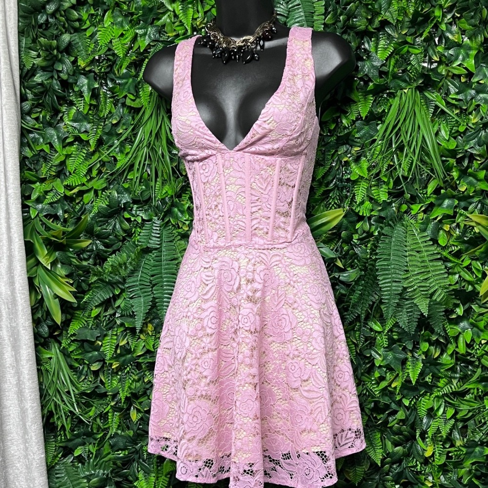 FORE Dress Medium Pink Floral Lace Corset Mini V-Neck Fit & Flare Fairycore 4254